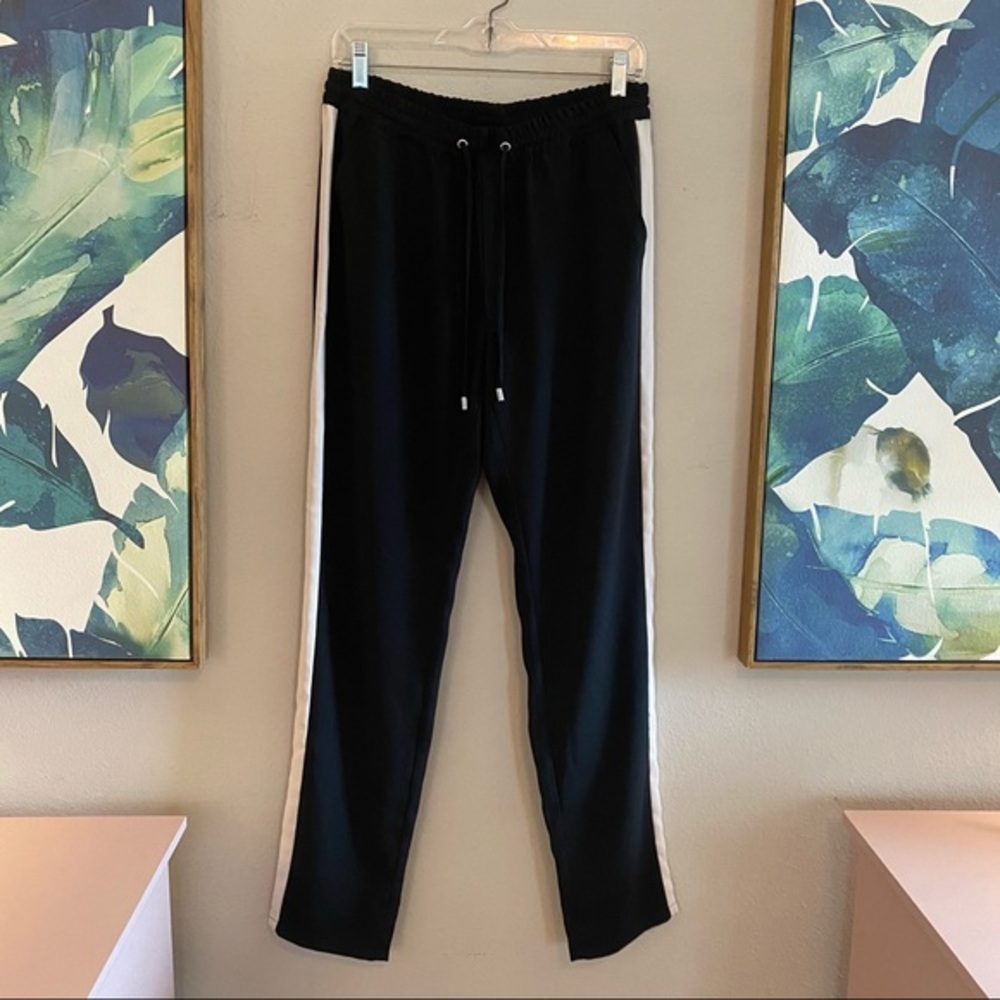 mbyM black poly crepe pants medium white stripe NWT